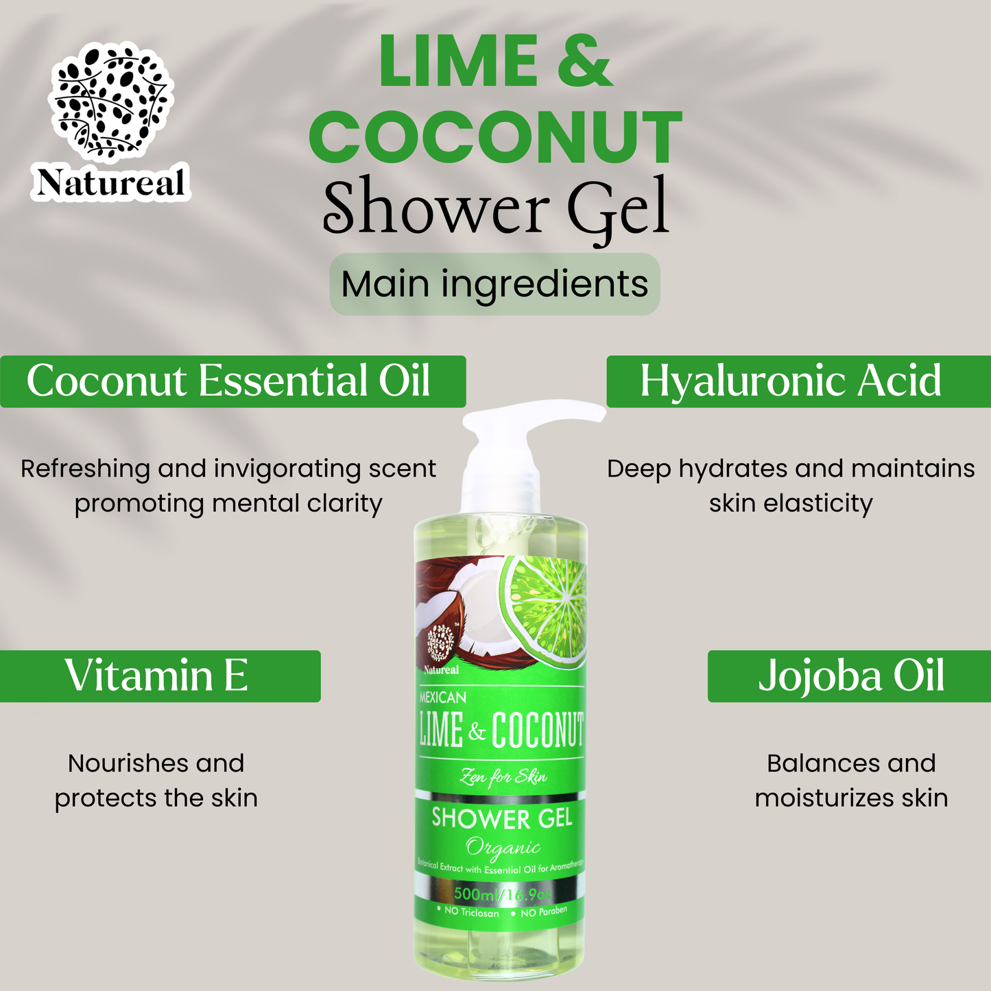 Natureal Organic Mexican Lime & Coconut Energizing Shower Gel 500ML - Natureal