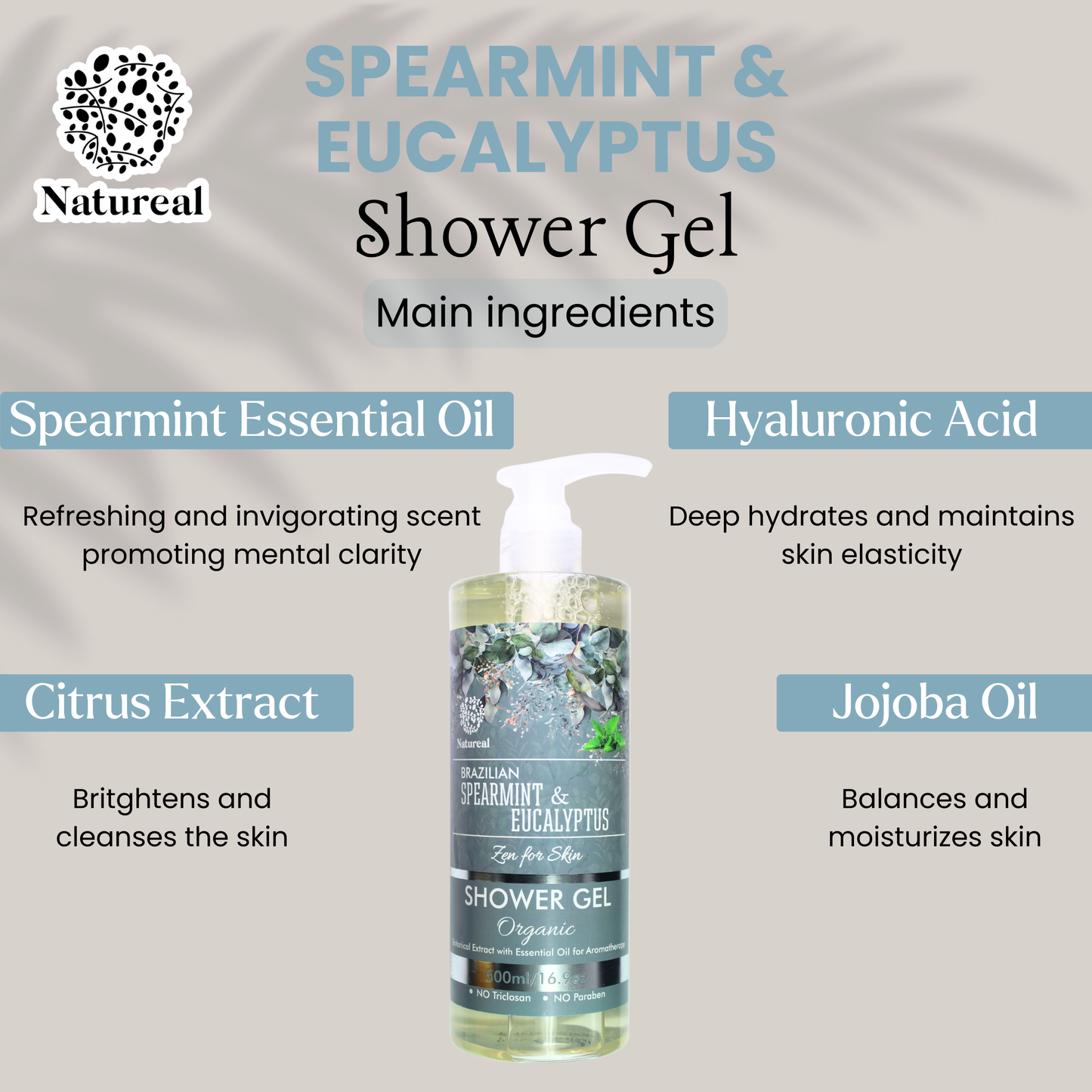 Natureal Organic Brazilian Spearmint & Eucalyptus Cooling Shower Gel 500ML - Natureal
