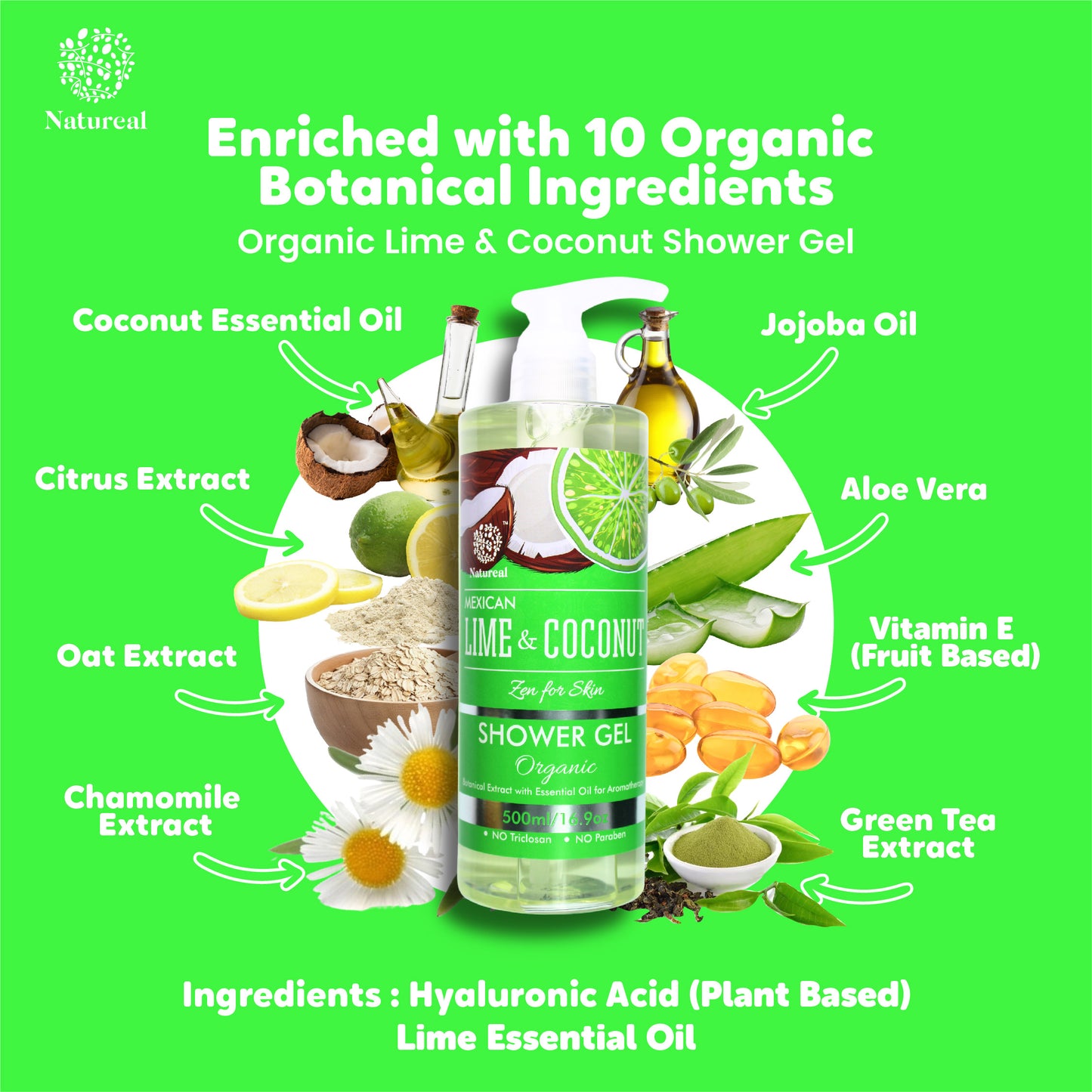 Natureal Organic Mexican Lime & Coconut Energizing Shower Gel 500ML - Natureal