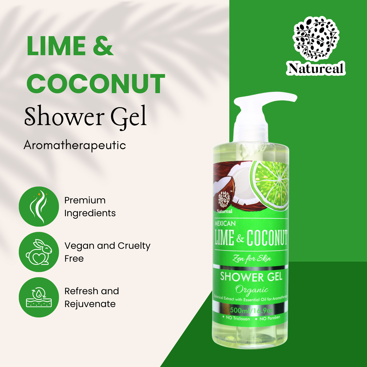 NATUREAL MEXICAN LIME & COCONUT ORGANIC SHOWER GEL 500ML