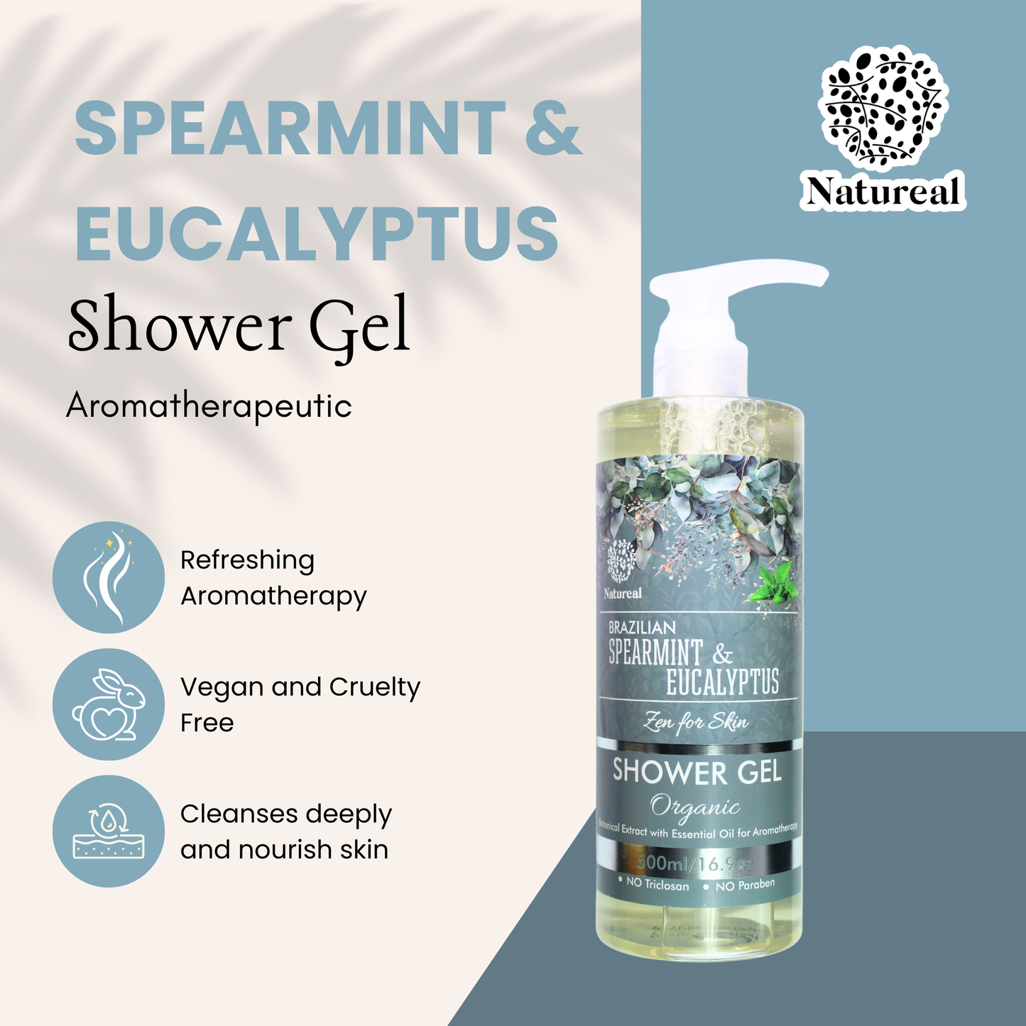 NATUREAL BRAZILIAN SPEARMINT & EUCALYPTUS ORGANIC SHOWER GEL 500ML