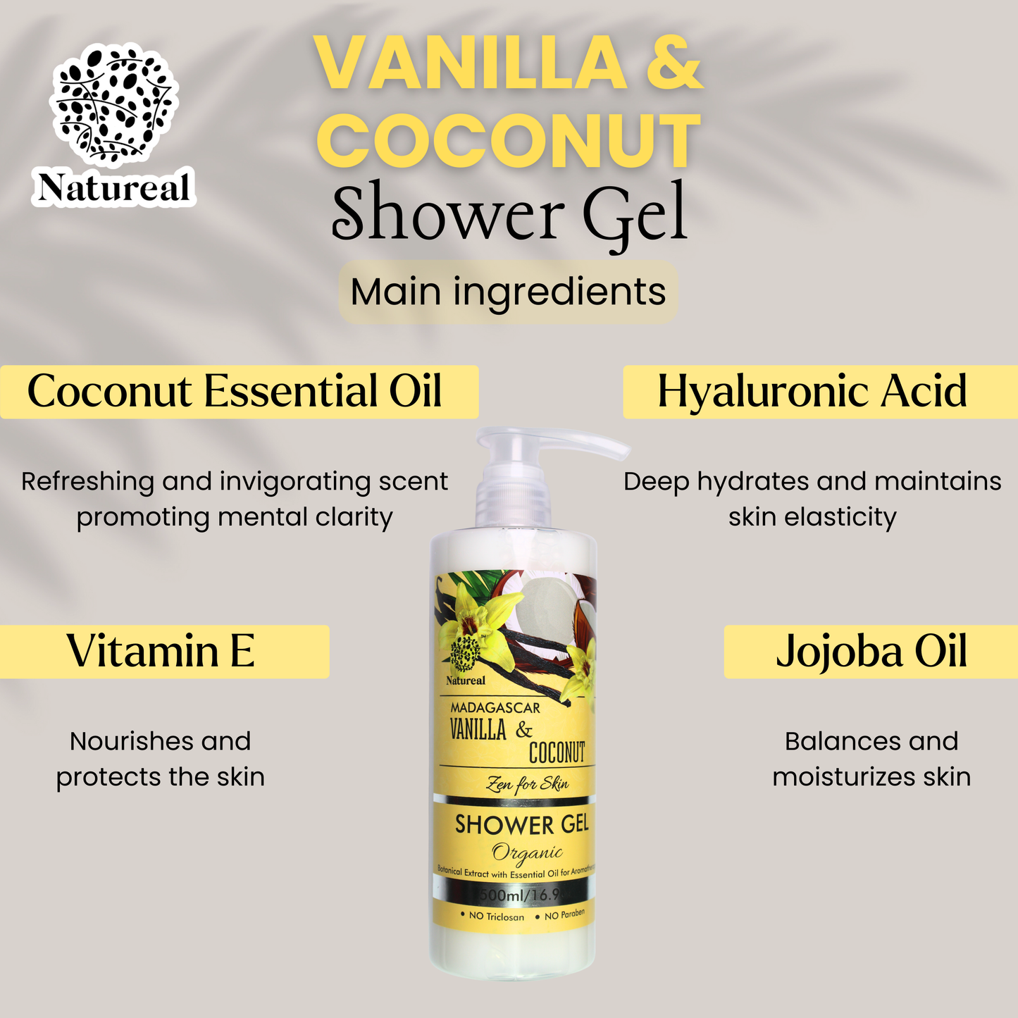 NATUREAL MADAGASCAR VANILLA & COCONUT ORGANIC SHOWER GEL 500ML