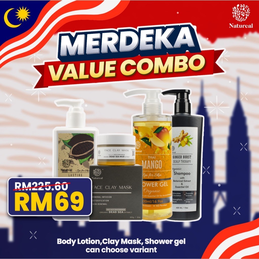 [MERDEKA VALUE COMBO] Natureal Organic 4pcs Beauty Care Set | Lotion + Clay Mask + Shower Gel + Ginger Shampoo